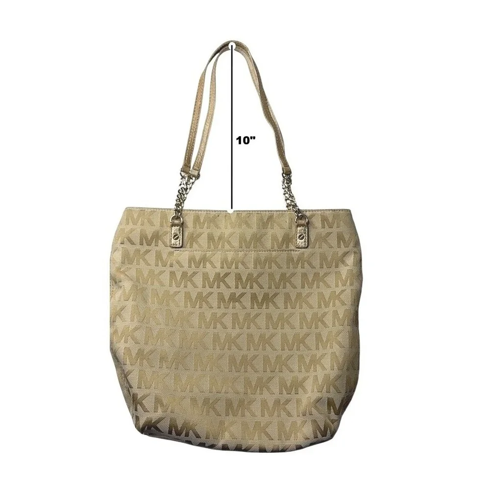 Michael Kors Double Strap Jet Set Monogram Tan Chain Tote Handbag - Picture 7 of 15
